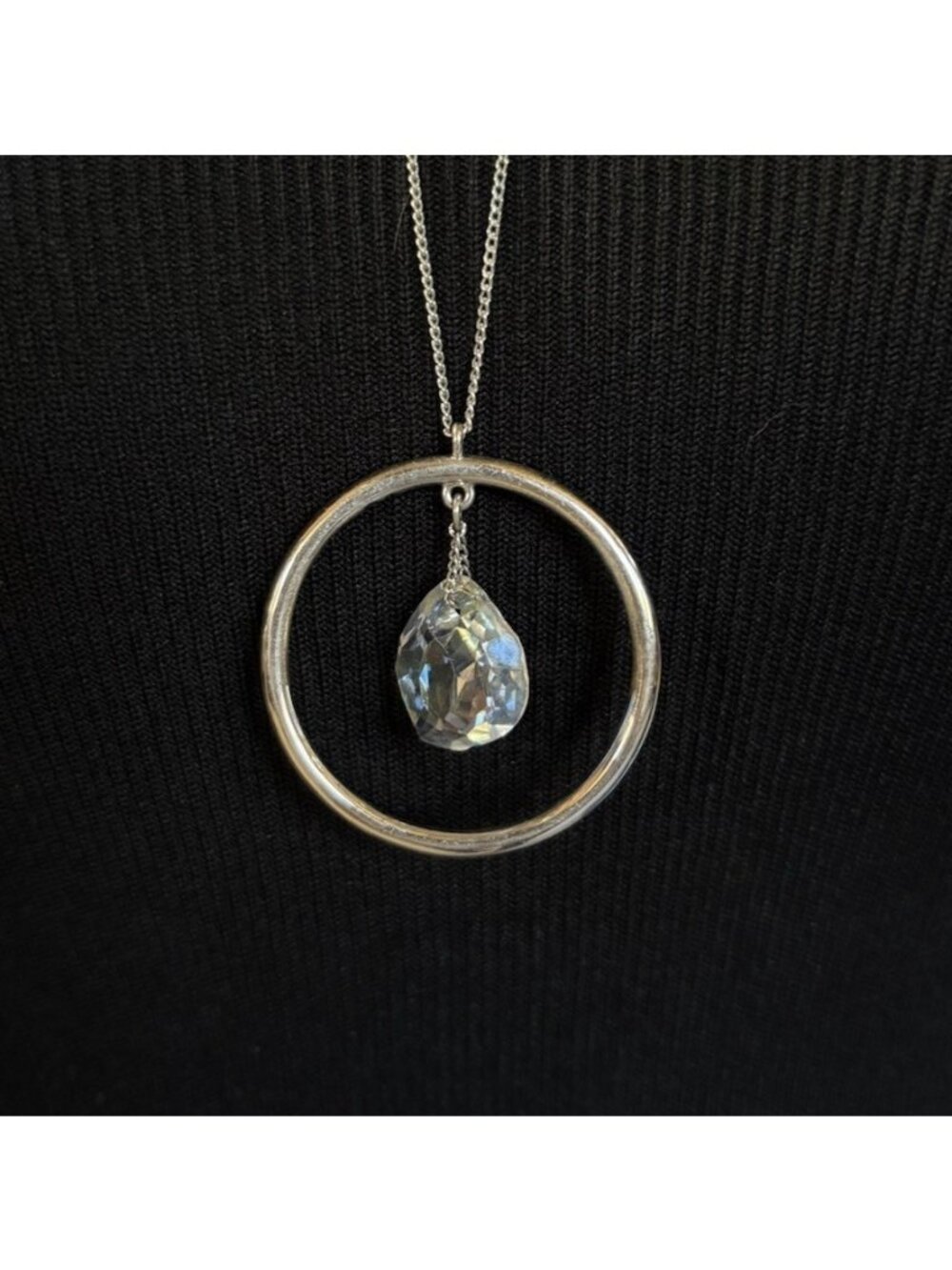 Swarovski Silver Tone Long Crystal Circle Hoop Pendant Necklace Adjustable